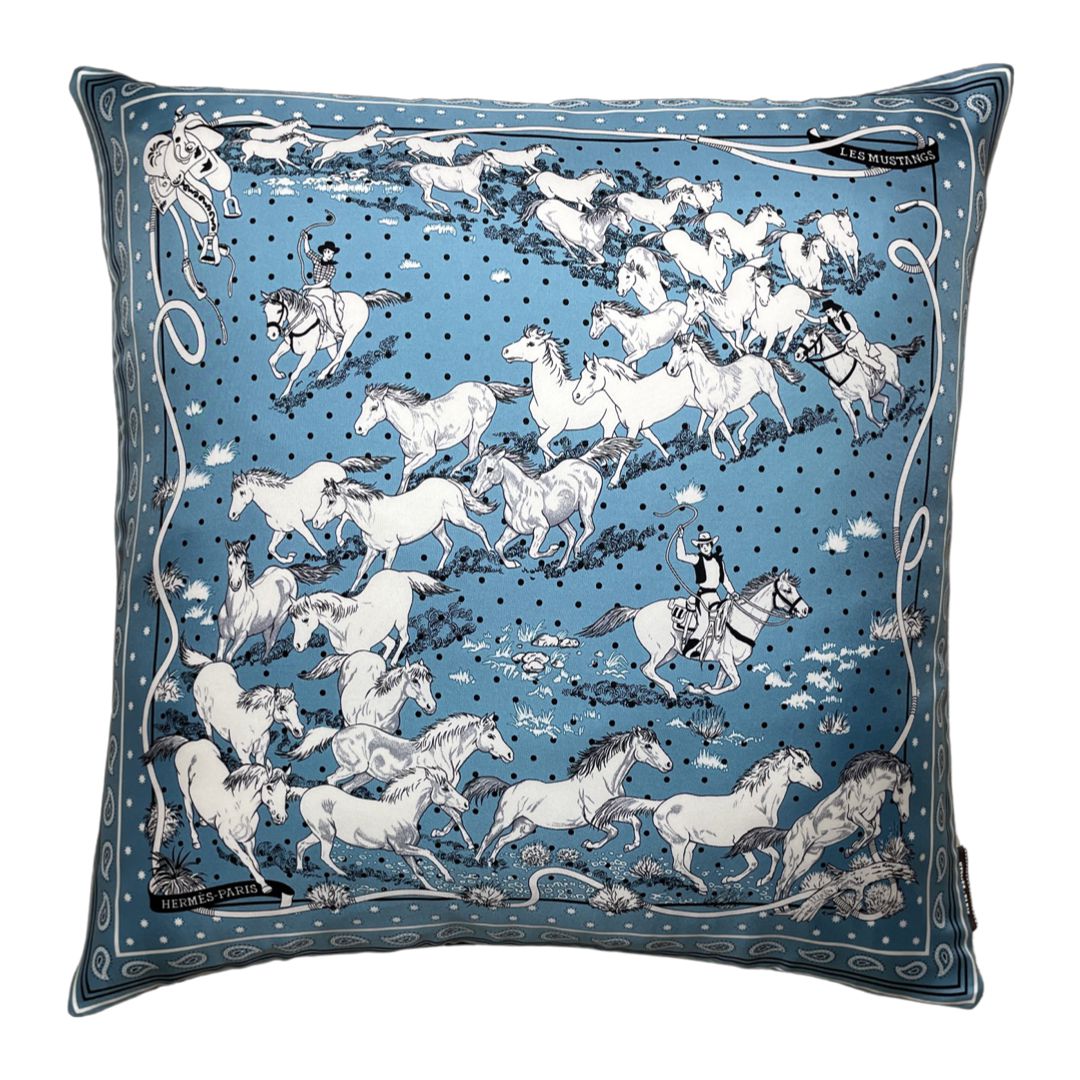 Vintage Hermes Pillow Les Mustangs Bandana Silk Scarf Pillow 22" at Vintage Luxe Up