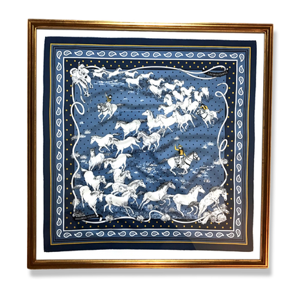 Les Mustangs Denim Bandana Framed Vintage Silk Scarf 26"