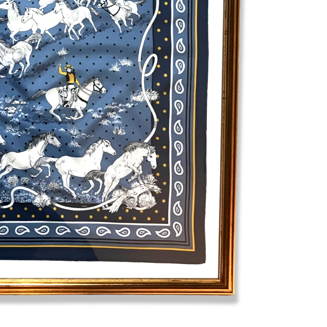 Les Mustangs Denim Bandana Framed Vintage Silk Scarf 26"