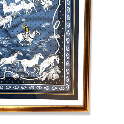 Les Mustangs Denim Bandana Framed Vintage Silk Scarf 26"