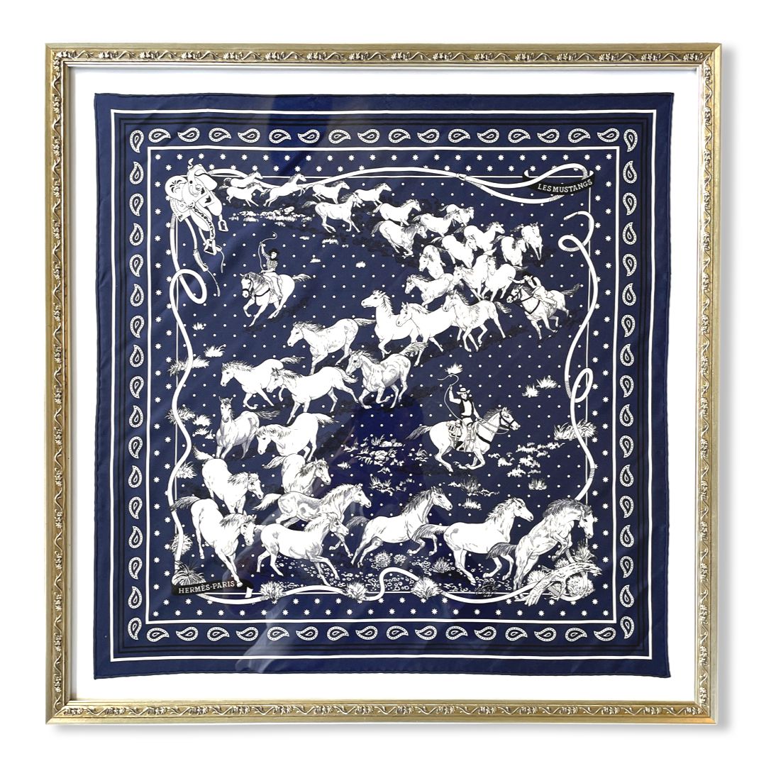 Les Mustangs Navy Bandana Framed Vintage Silk Scarf 26"