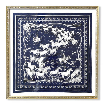 Les Mustangs Navy Bandana Framed Vintage Silk Scarf 26"