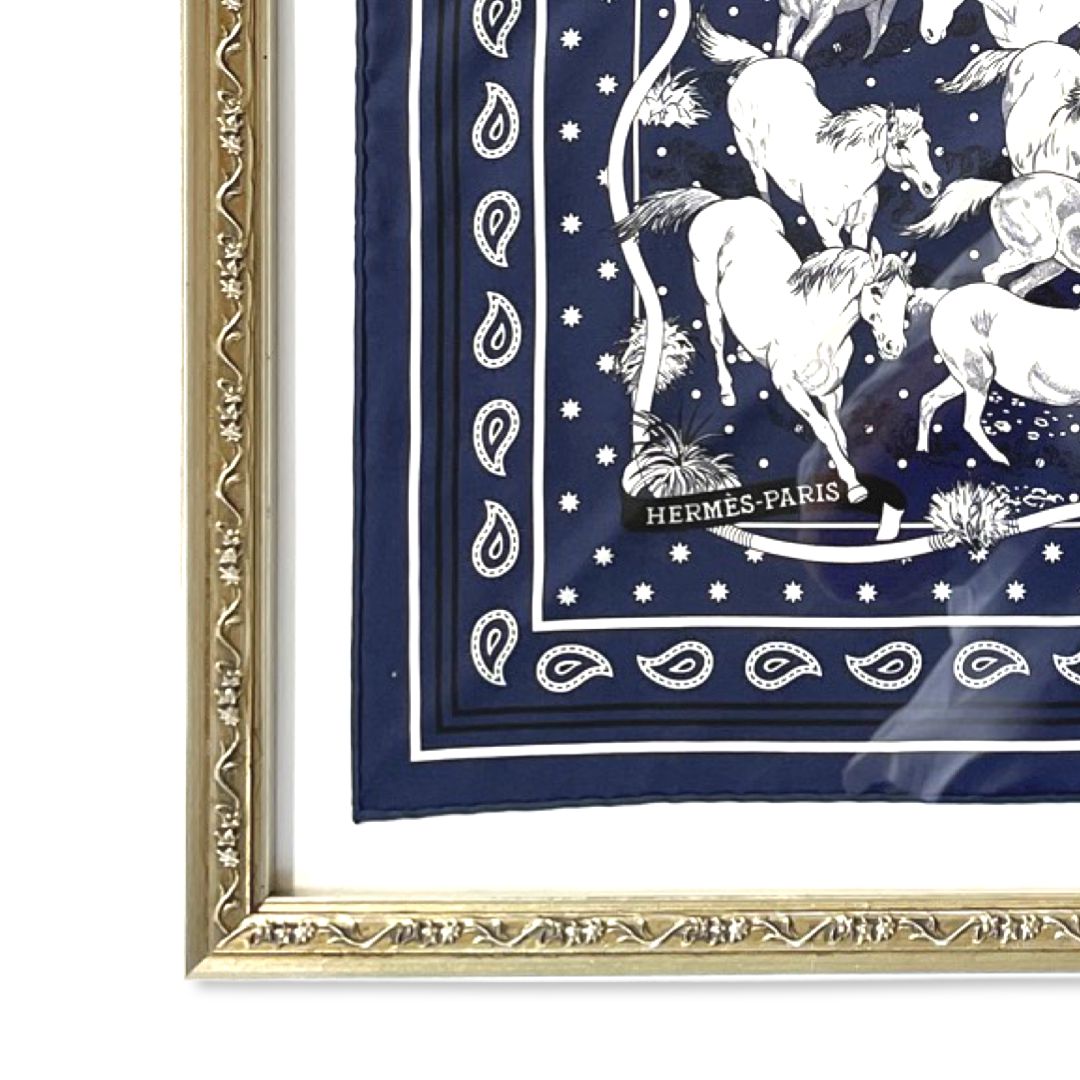 Les Mustangs Navy Bandana Framed Vintage Silk Scarf 26"