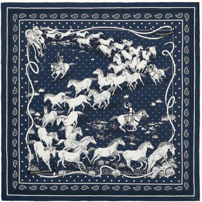 Les Mustangs Navy Bandana Framed Vintage Silk Scarf 26"