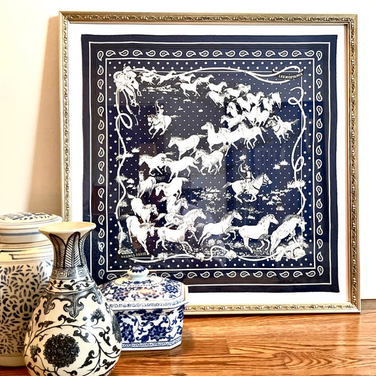 Les Mustangs Navy Bandana Framed Vintage Silk Scarf 26"