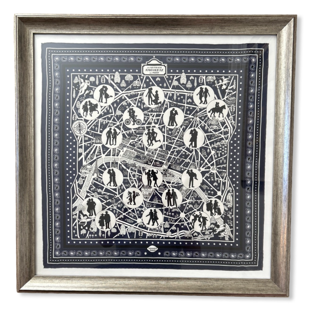 Les Nouveaux Amoureux de Paris Framed Vintage Silk Scarf 27"