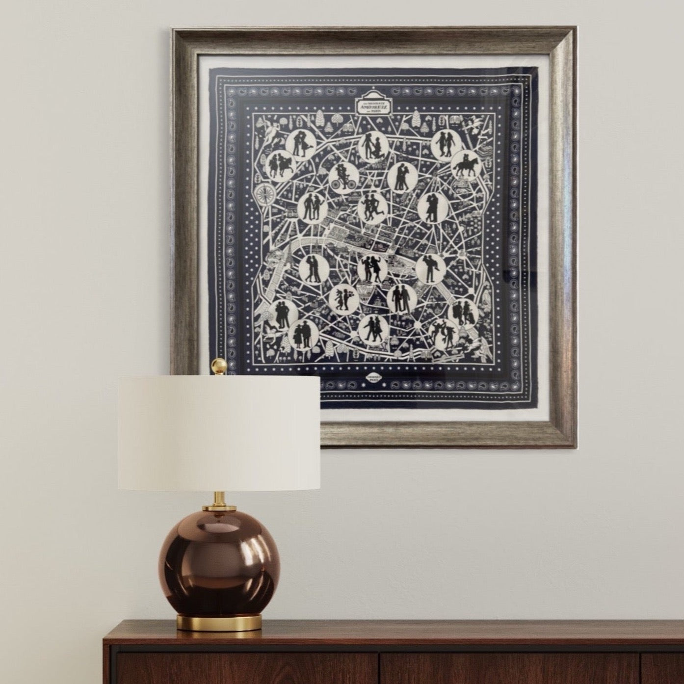 Framed Hermes Scarf Les Nouveaux Amoureux de Paris Framed Vintage Silk Scarf 27" Vintage Hermes at Vintage Luxe Up