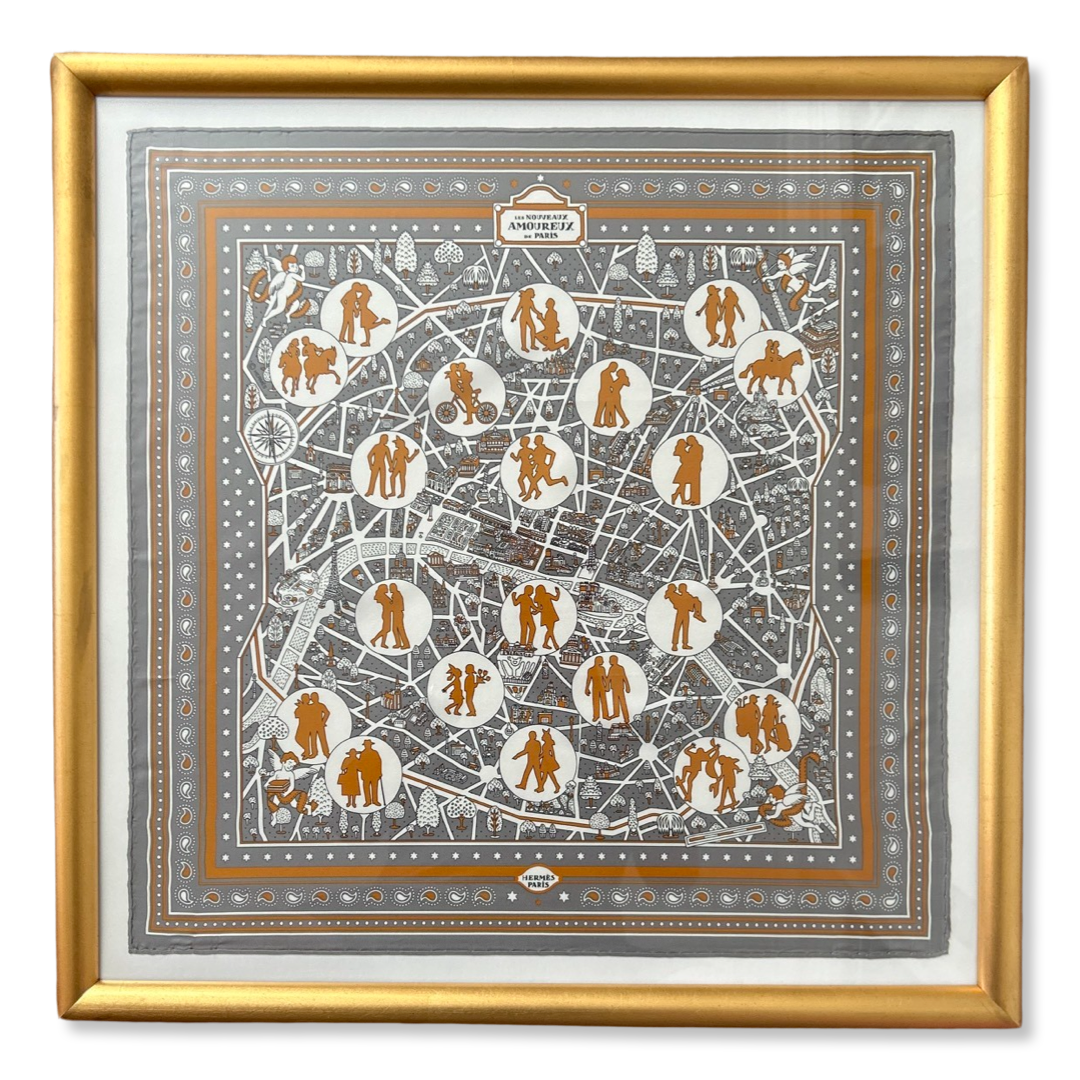 Framed Hermes Scarf Les Nouveaux Amoureux de Paris Framed Vintage Silk Scarf 27" Vintage Hermes at Vintage Luxe Up