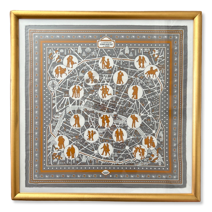 Framed Hermes Scarf Les Nouveaux Amoureux de Paris Framed Vintage Silk Scarf 27" Vintage Hermes at Vintage Luxe Up