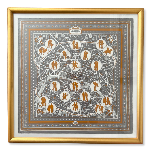 Framed Hermes Scarf Les Nouveaux Amoureux de Paris Framed Vintage Silk Scarf 27" Vintage Hermes at Vintage Luxe Up