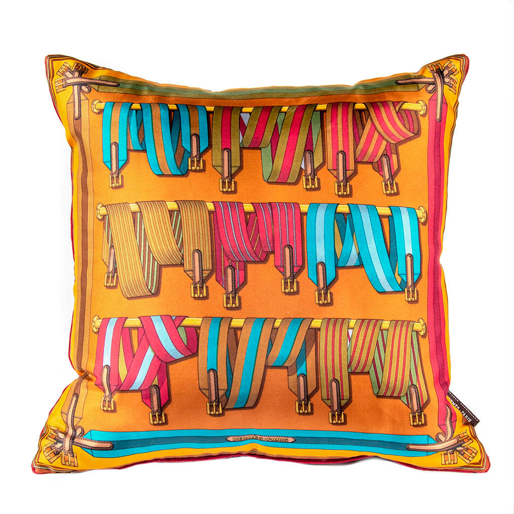 Vintage Hermes Pillow Les Sangles Vintage Silk Scarf Pillow 17" at Vintage Luxe Up