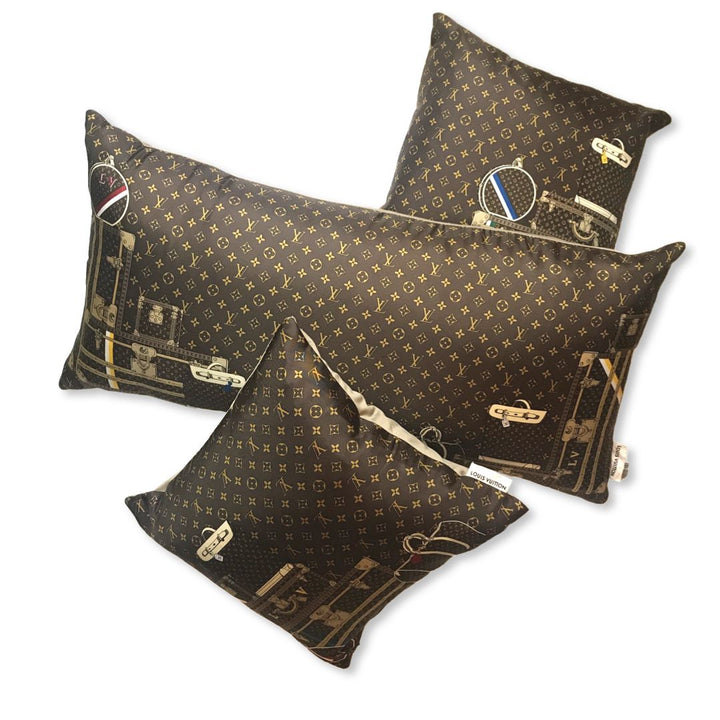Vintage Louis Vuitton Pillow Monogram Luggage Vintage Silk Scarf Pillows at Vintage Luxe Up