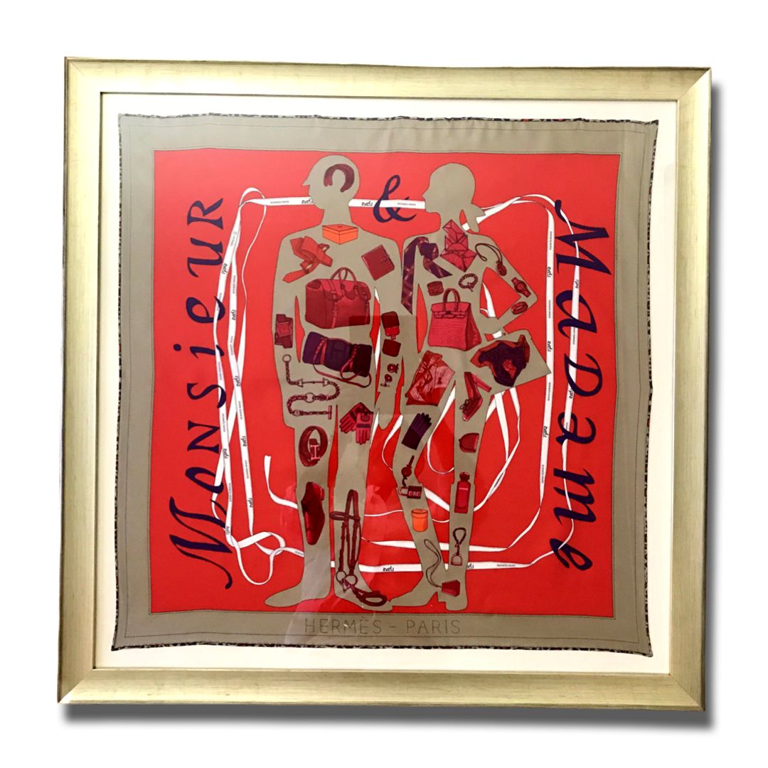 HERMES Monsieur et Madame Vintage Silk Scarf Framed Art 32
