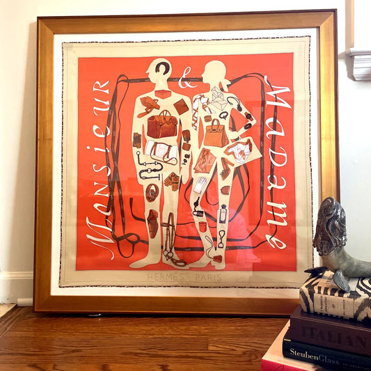 Framed Hermes Scarf Monsieur et Madame Framed Vintage Silk Scarf 32" Vintage Hermes at Vintage Luxe Up