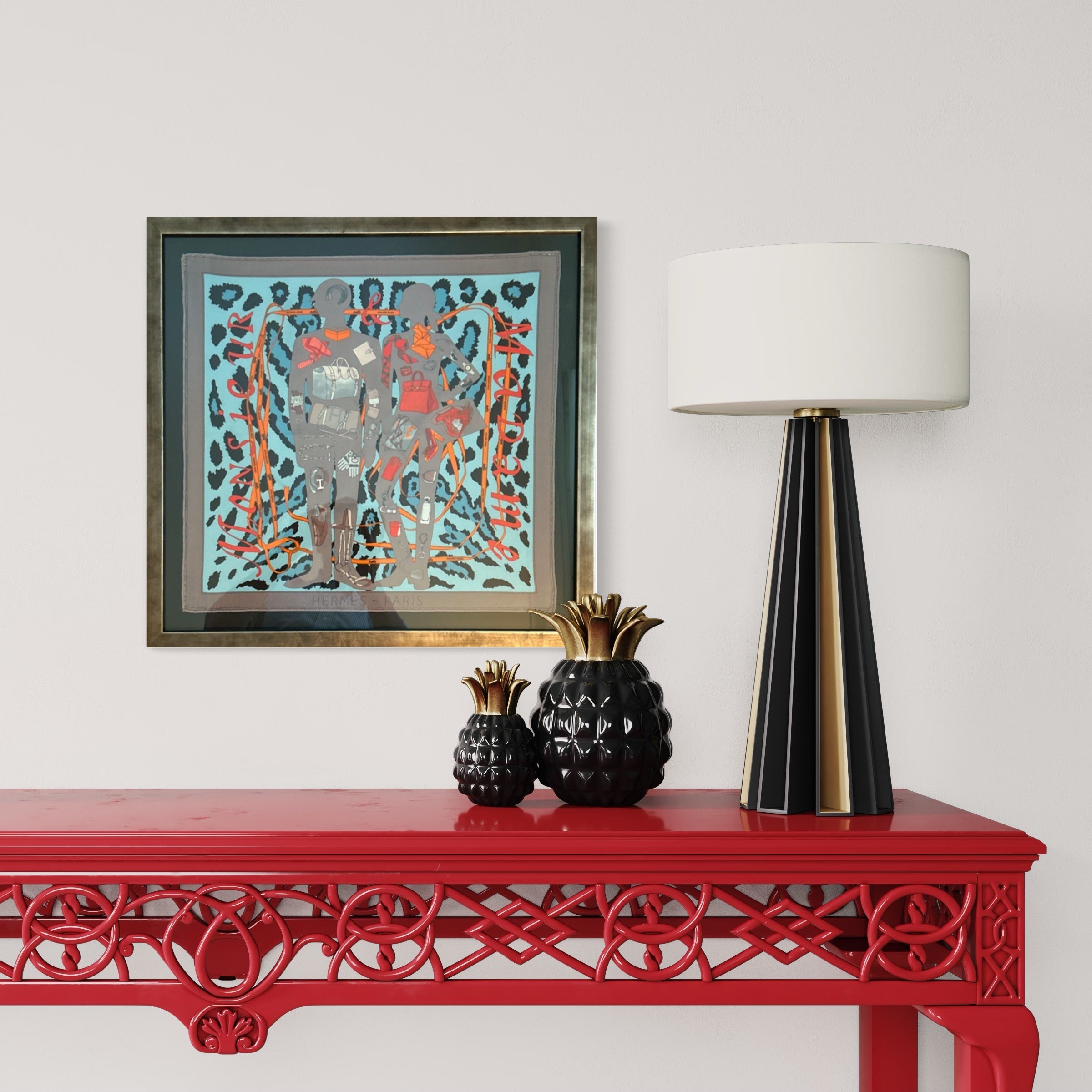 HERMÈS Monsieur et Madame Vintage Silk Scarf Framed Hermes