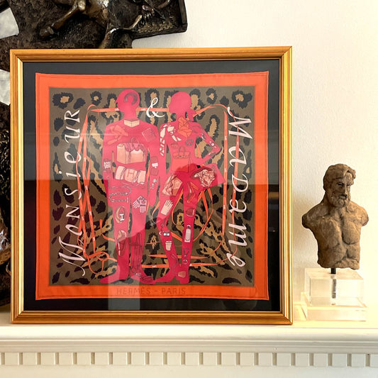 Framed Hermes Scarf Monsieur et Madame Leopard Framed Vintage Silk Scarf 20" Vintage Hermes at Vintage Luxe Up