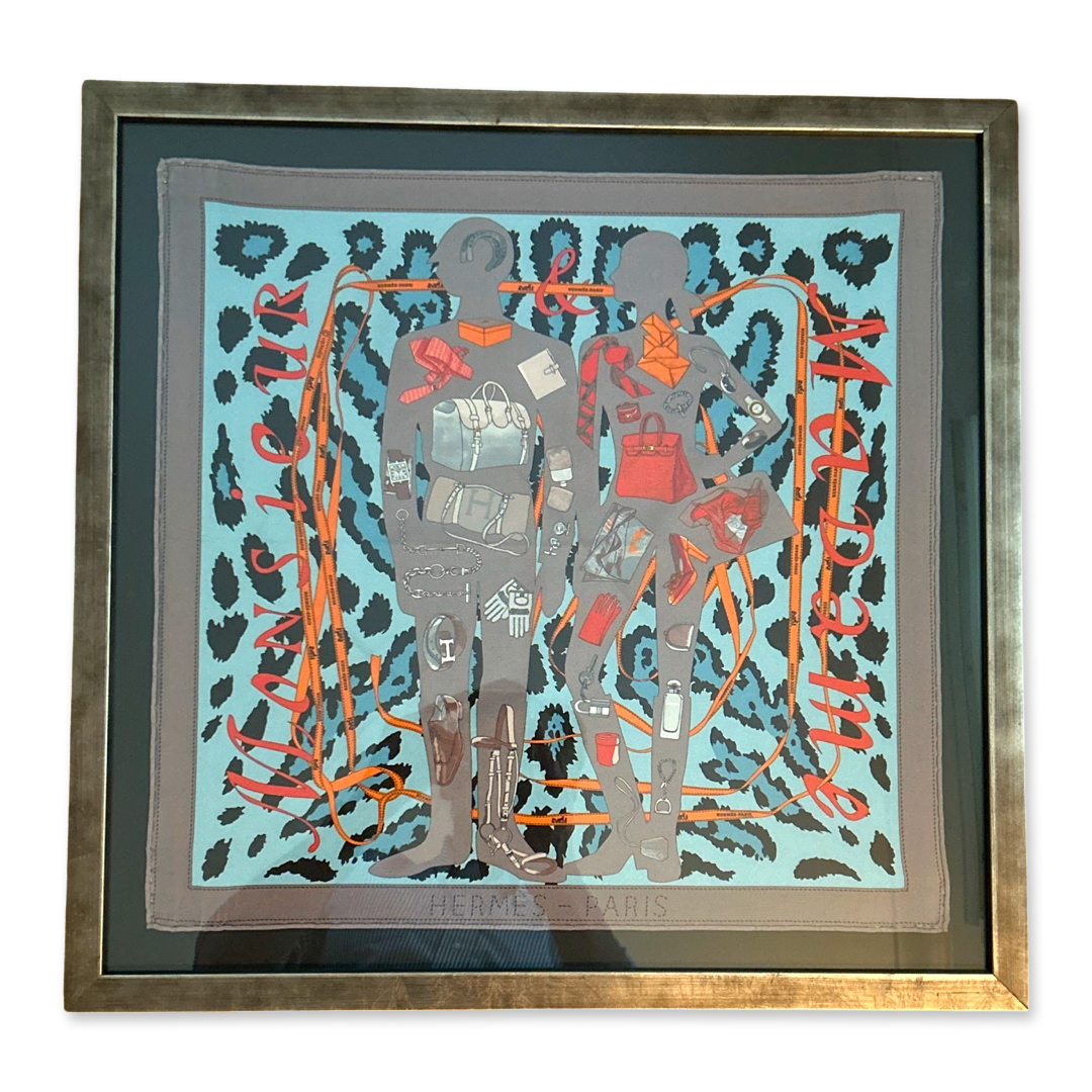 Framed Hermes Scarf Monsieur et Madame Leopard Framed Vintage Silk Scarf 20" Vintage Hermes at Vintage Luxe Up