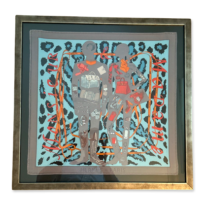 Framed Hermes Scarf Monsieur et Madame Leopard Framed Vintage Silk Scarf 20" Vintage Hermes at Vintage Luxe Up