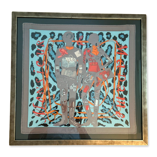 Framed Hermes Scarf Monsieur et Madame Leopard Framed Vintage Silk Scarf 20" Vintage Hermes at Vintage Luxe Up