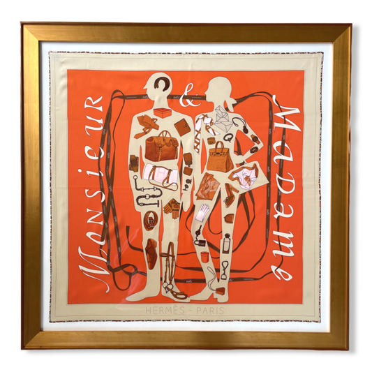 Framed Hermes Scarf Monsieur et Madame Leopard Framed Vintage Silk Scarf 32" Vintage Hermes at Vintage Luxe Up