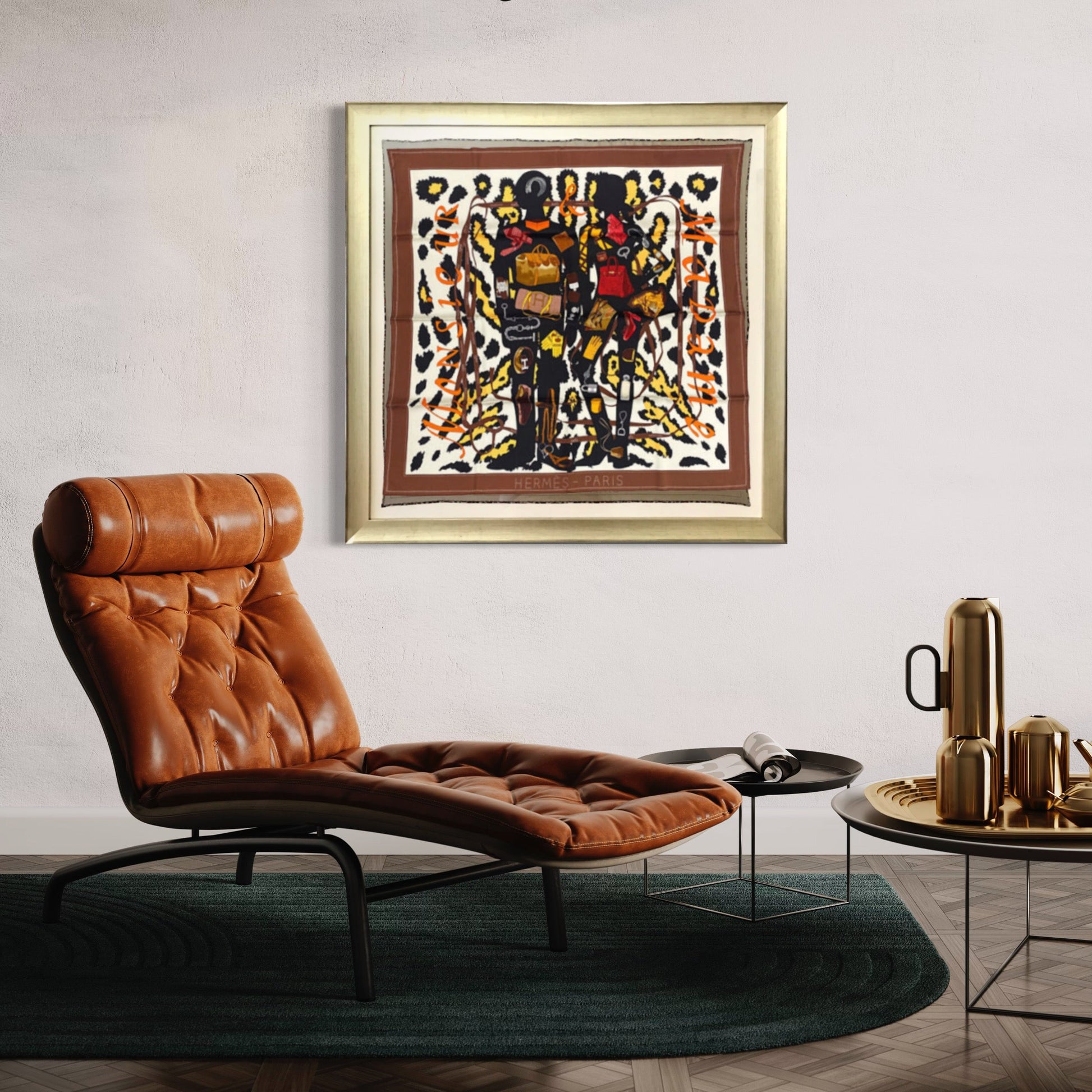 Framed Hermes Scarf Monsieur et Madame Leopard Framed Vintage Silk Scarf 42" Vintage Hermes at Vintage Luxe Up