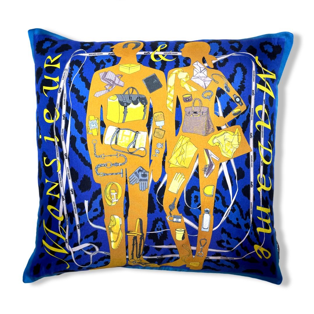 Vintage Hermes Pillow Monsieur et Madame Leopard Silk Scarf Pillow 17" at Vintage Luxe Up