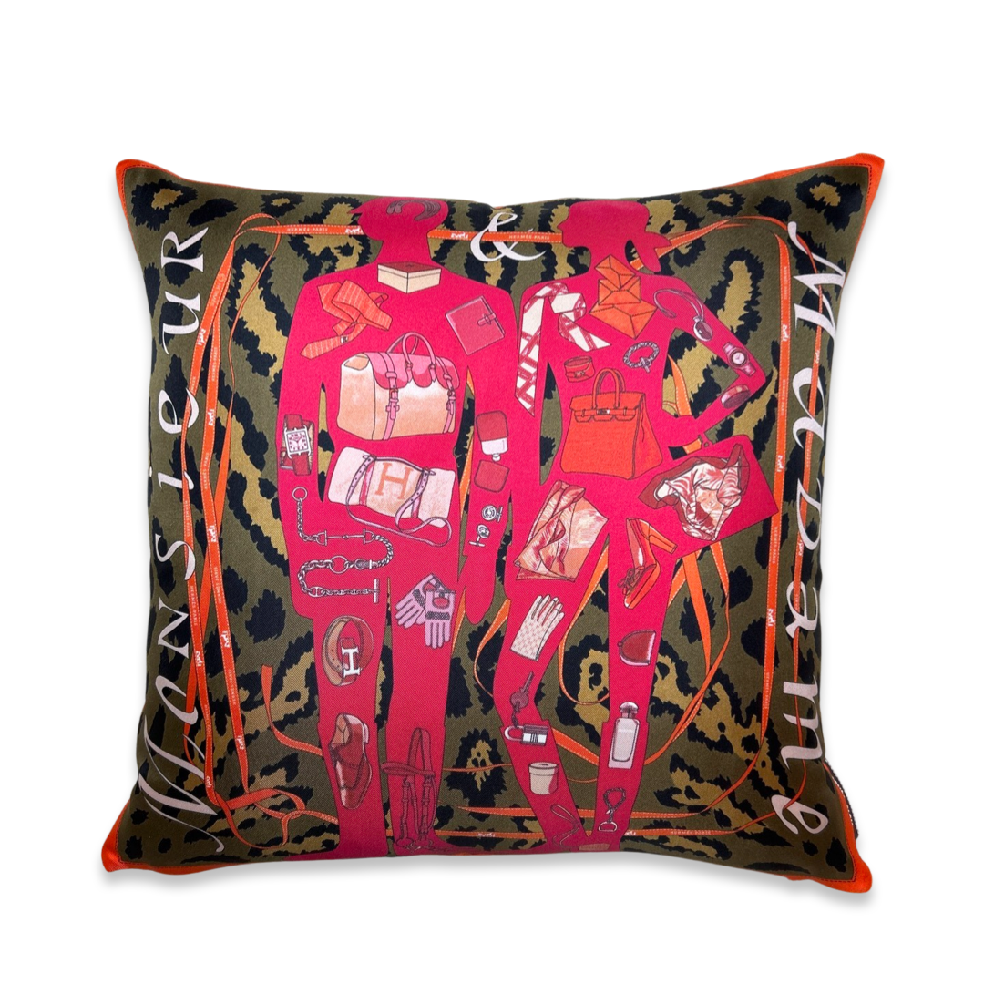 Vintage Hermes Pillow Monsieur et Madame Leopard Vintage Silk Scarf Pillow 17" at Vintage Luxe Up