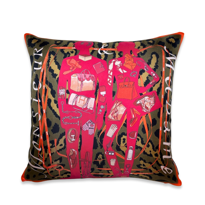 Vintage Hermes Pillow Monsieur et Madame Leopard Vintage Silk Scarf Pillow 17" at Vintage Luxe Up