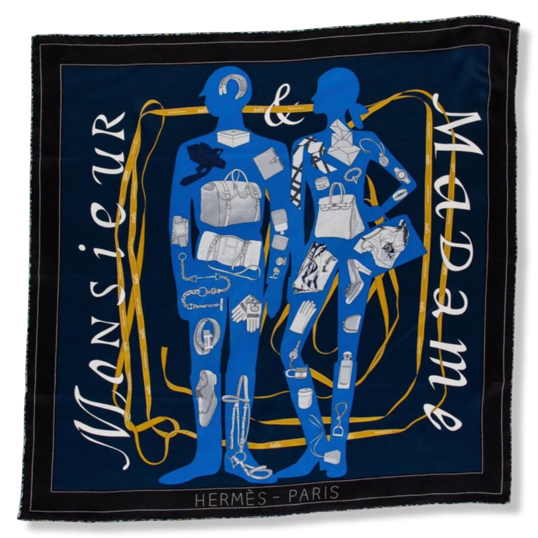 Monsieur et Madame Navy Silk Scarf Pillow 28"