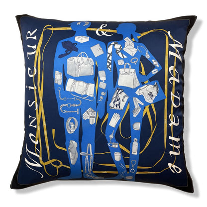 Vintage Hermes Pillow Monsieur et Madame Navy Silk Scarf Pillow 28" at Vintage Luxe Up