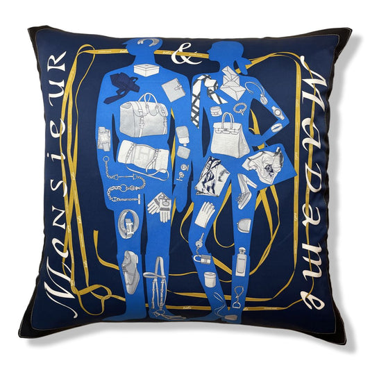 Vintage Hermes Pillow Monsieur et Madame Navy Silk Scarf Pillow 28" at Vintage Luxe Up