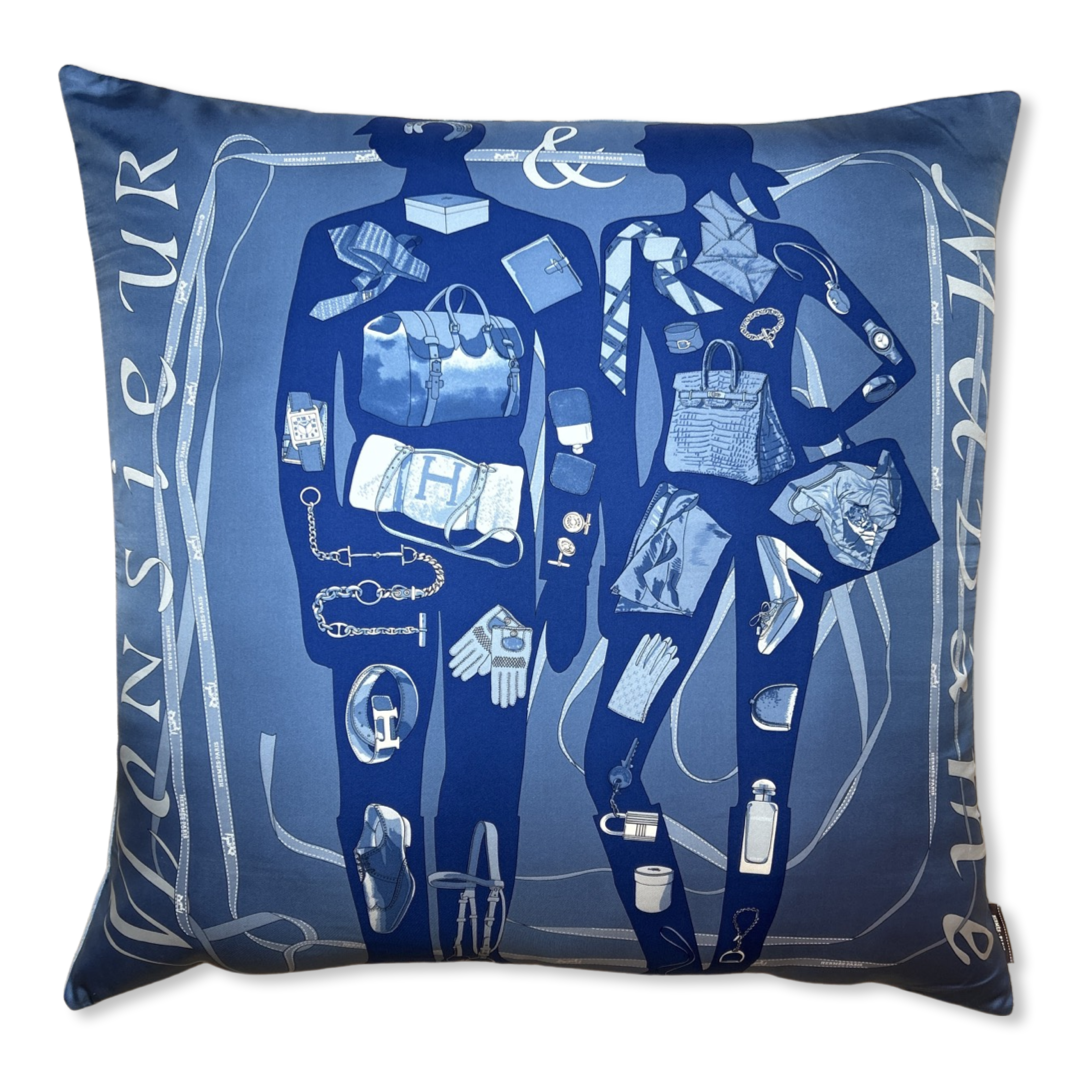 Vintage Hermes Pillow Monsieur et Madame Navy Silk Scarf Pillow 30" at Vintage Luxe Up
