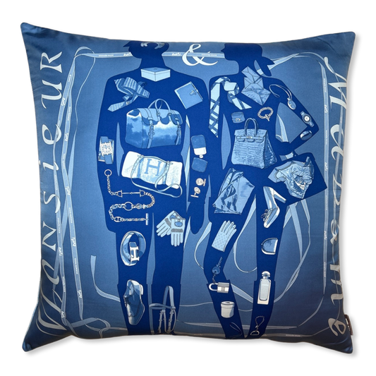 Vintage Hermes Pillow Monsieur et Madame Navy Silk Scarf Pillow 30" at Vintage Luxe Up