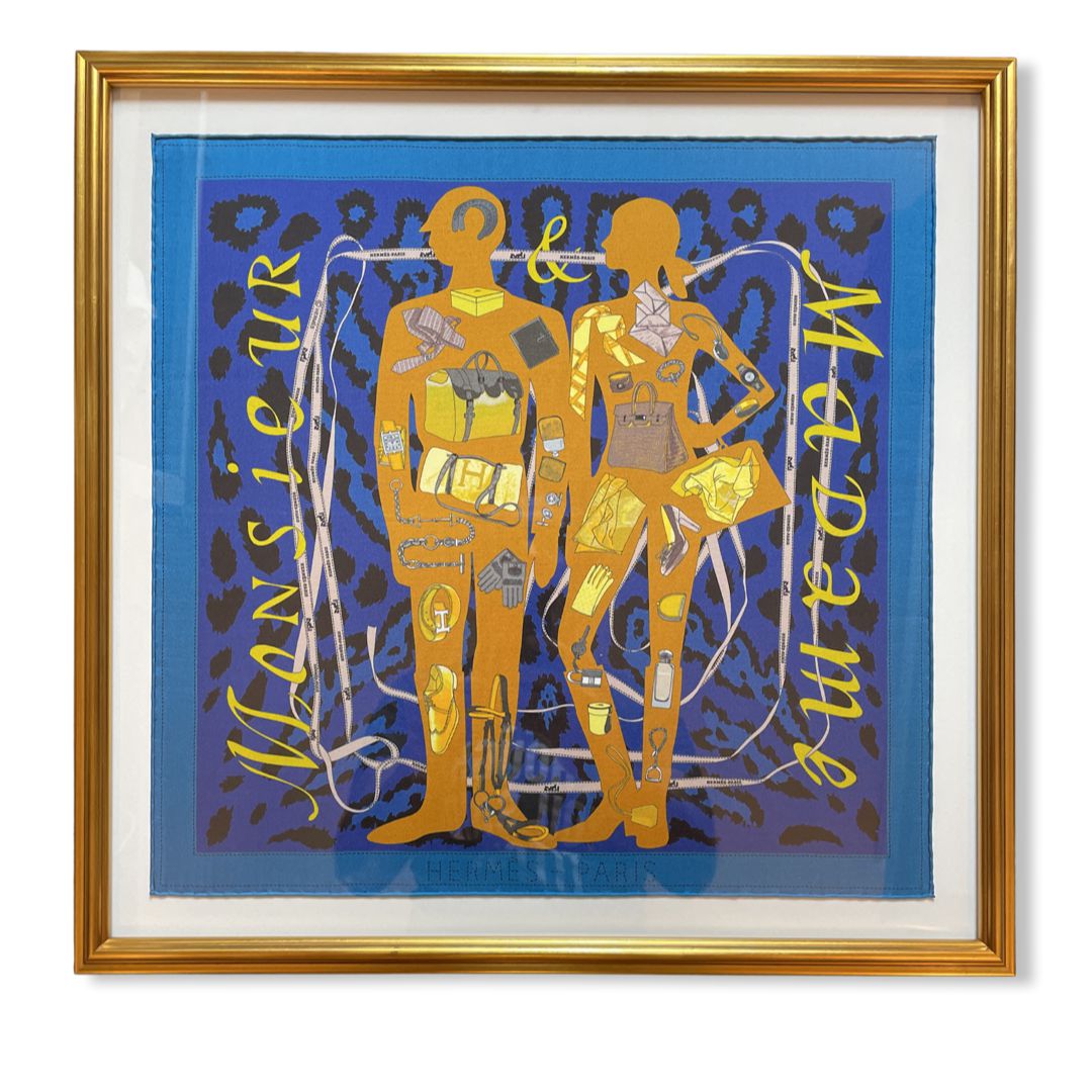 Framed Hermes Scarf Monsieur et Madame Vintage Framed Vintage Silk Scarf 20" Vintage Hermes at Vintage Luxe Up