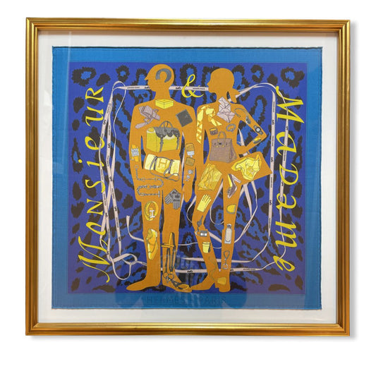 Framed Hermes Scarf Monsieur et Madame Vintage Framed Vintage Silk Scarf 20" Vintage Hermes at Vintage Luxe Up