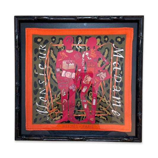 Framed Hermes Scarf Monsieur et Madame Vintage Leopard Framed Vintage Silk Scarf 20" Vintage Hermes at Vintage Luxe Up