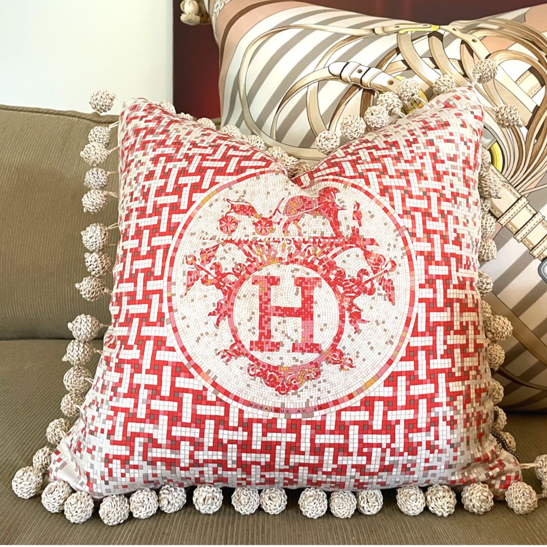 Mosaïque au 24 Rouge Vintage Silk Scarf Pillow 19"