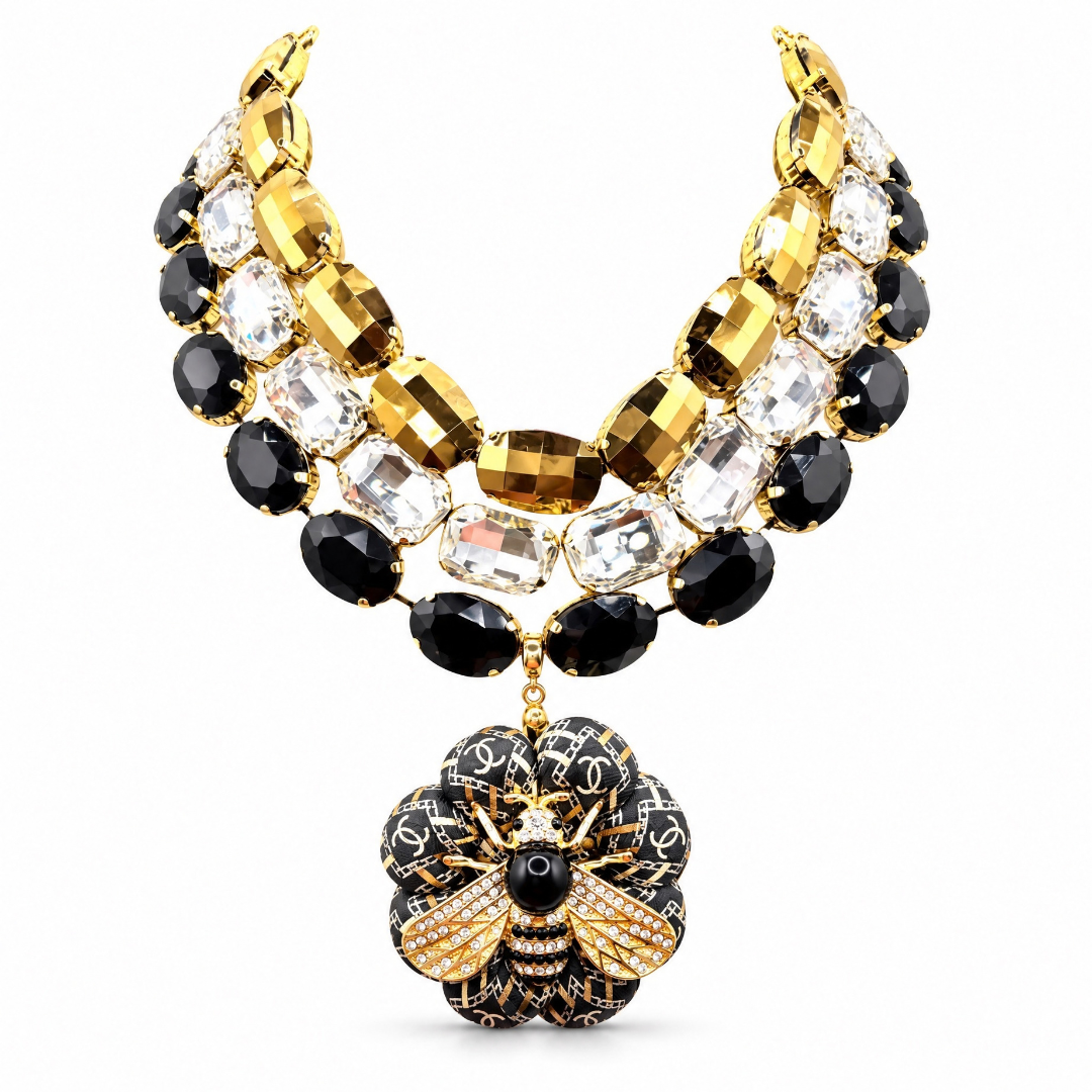 CC Chain Print Bumblebee Vintage Silk Necktie Jewel Necklace