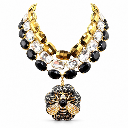 CC Chain Print Bumblebee Vintage Silk Necktie Jewel Necklace