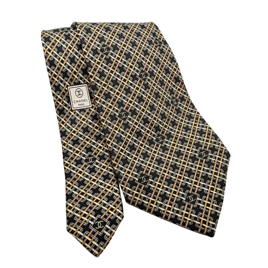 CC Chain Print Bumblebee Vintage Silk Necktie Jewel Necklace