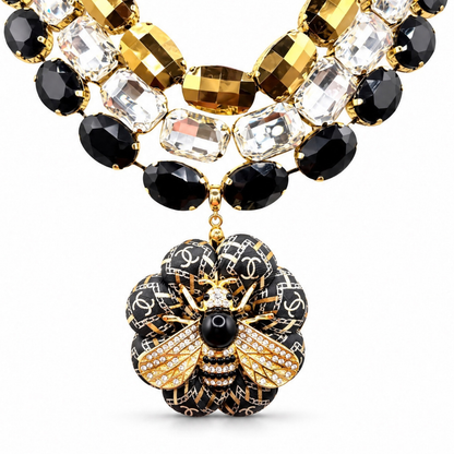 CC Chain Print Bumblebee Vintage Silk Necktie Jewel Necklace