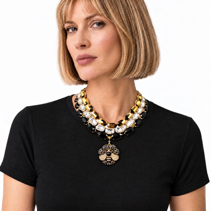 CC Chain Print Bumblebee Vintage Silk Necktie Jewel Necklace