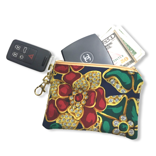 Vintage Chanel keychain bag Navy Jewels Vintage Silk Scarf Coffee Run Keychain Bag at Vintage Luxe Up