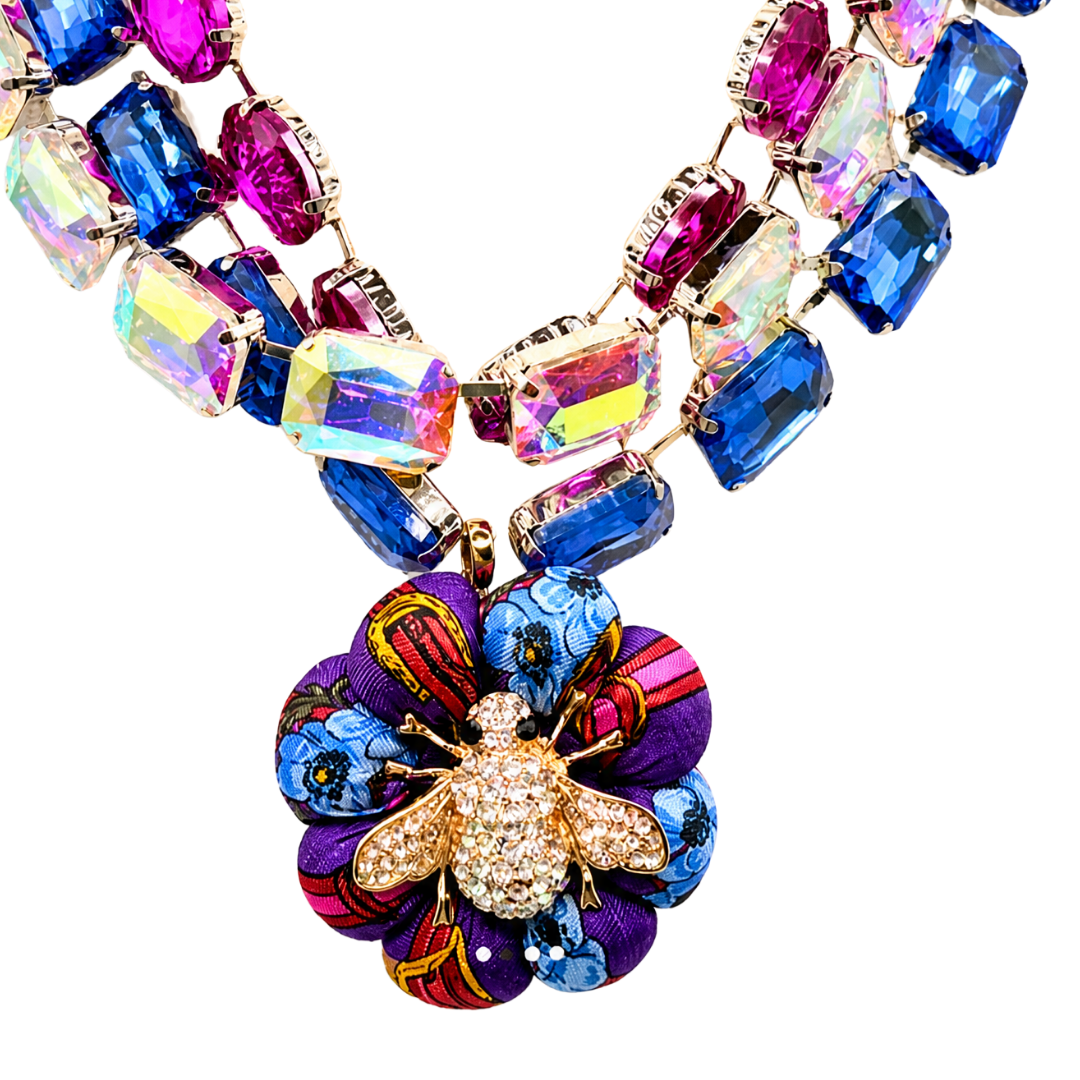 Floral Bumblebee Vintage Silk Jewel Necklace