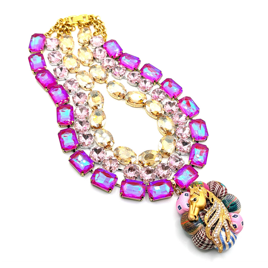 Pink Patchwork Stallion Vintage Silk Necktie Jewel Necklace