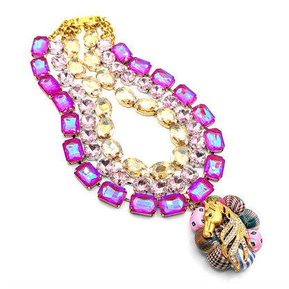 Pink Patchwork Stallion Vintage Silk Necktie Jewel Necklace