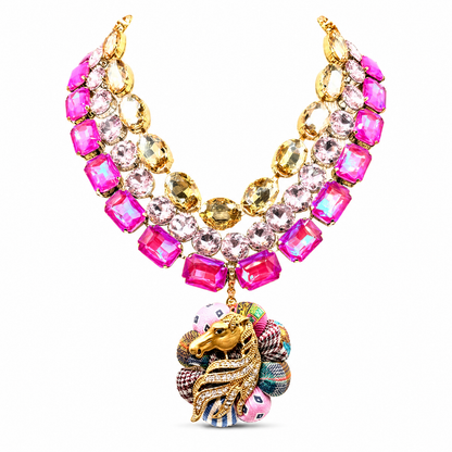 Pink Patchwork Stallion Vintage Silk Necktie Jewel Necklace