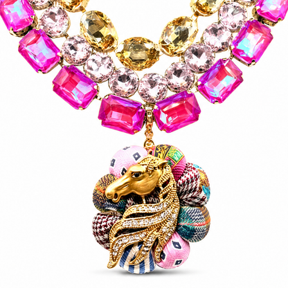 Pink Patchwork Stallion Vintage Silk Necktie Jewel Necklace