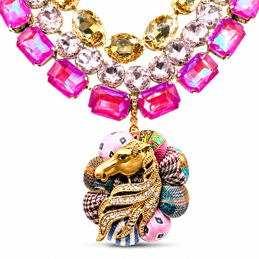 Pink Patchwork Stallion Vintage Silk Necktie Jewel Necklace