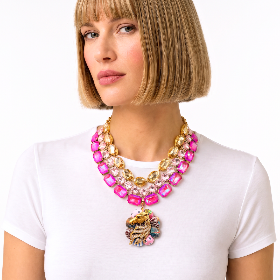 Pink Patchwork Stallion Vintage Silk Necktie Jewel Necklace